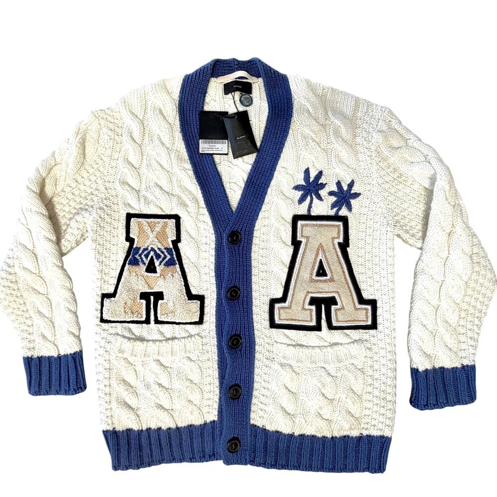 ALANUI: Men's "College Prep" Style White Cotton Cardigan - S